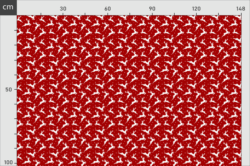 Diseño de navidad fondo rojo con elementos blanco en donde se muestran las dimensiones de la tela 
