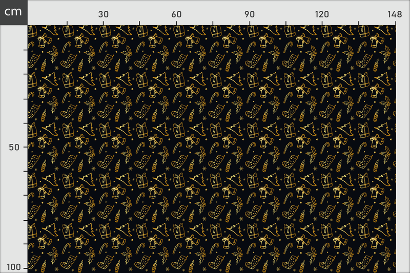 Diseño color negro con elementos en dorado de decoracion. Se muestra una regla con las dimensiones de la tela 