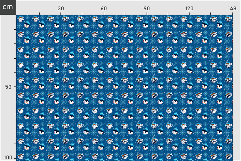 Regla con dimenciones de la tela con diseño de navidad en donde sale un pinguino y elementos de frio en navidad. Fondo azul marino 